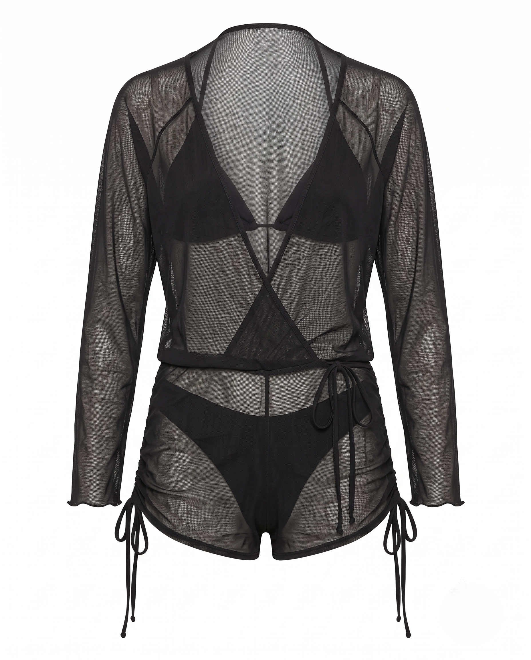 Black Mesh 4-Piece Bikini with sheer mesh layers and long-sleeve cover for bold and elegant swimwear look