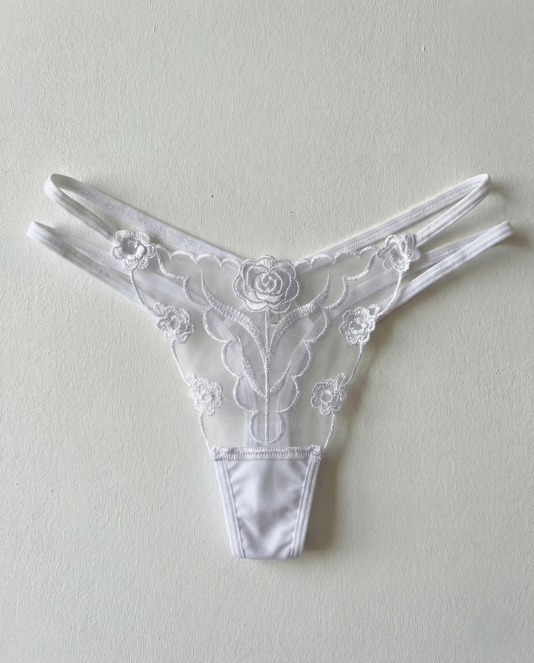 Sheer lace embroidered thong with delicate floral animal-inspired patterns and sheer mesh fabric enhancing curves