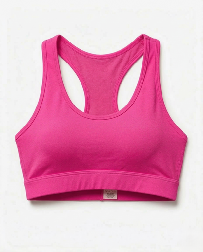 Woman wearing Active Comfort Sports Bra with racerback design and discreet back pocket during fitness activity