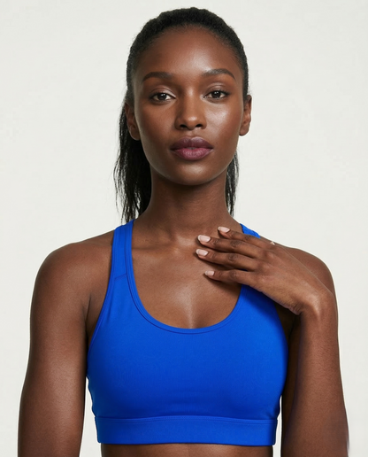Active Comfort Sports Bra in black with racerback design and discreet back pocket for support and flexibility during workouts