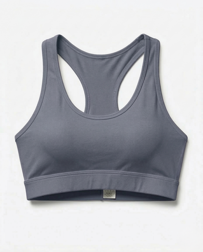 Active Comfort Sports Bra in black with racerback design and discreet back pocket for support and flexibility during workouts