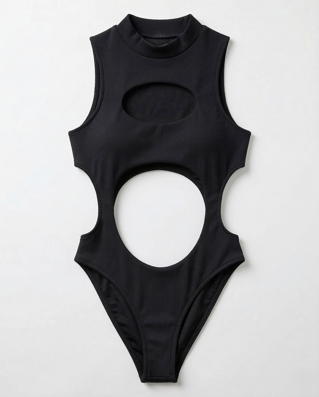 Black bandage one-piece swimsuit with sculpting hollow-out design and sleek lines.