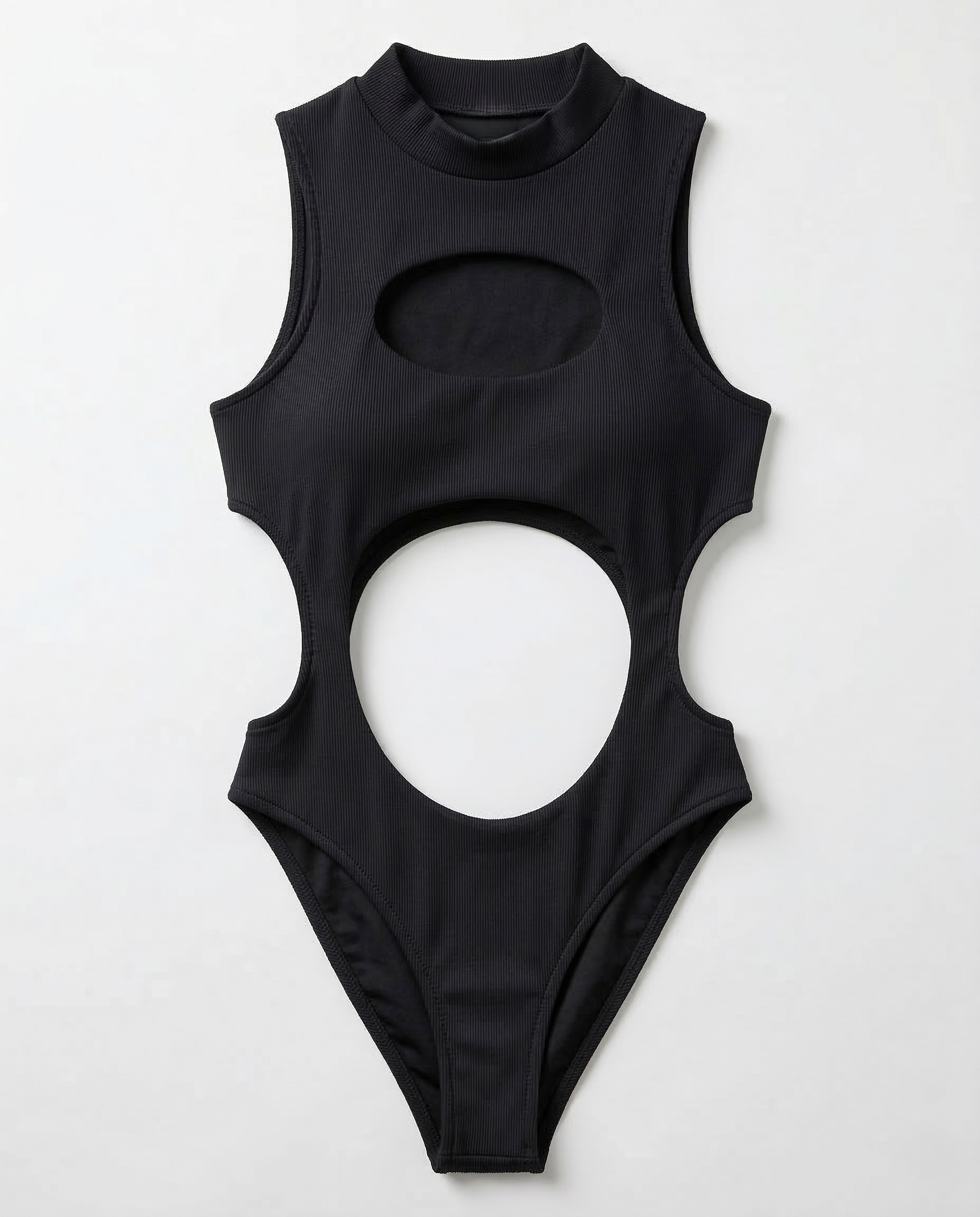 Black bandage one-piece swimsuit with sculpting hollow-out design and sleek lines.