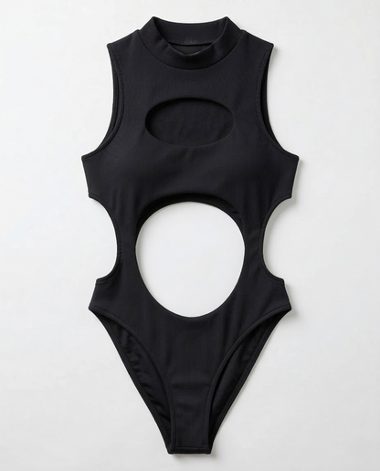 Black bandage one-piece swimsuit with sculpting hollow-out design and sleek lines.