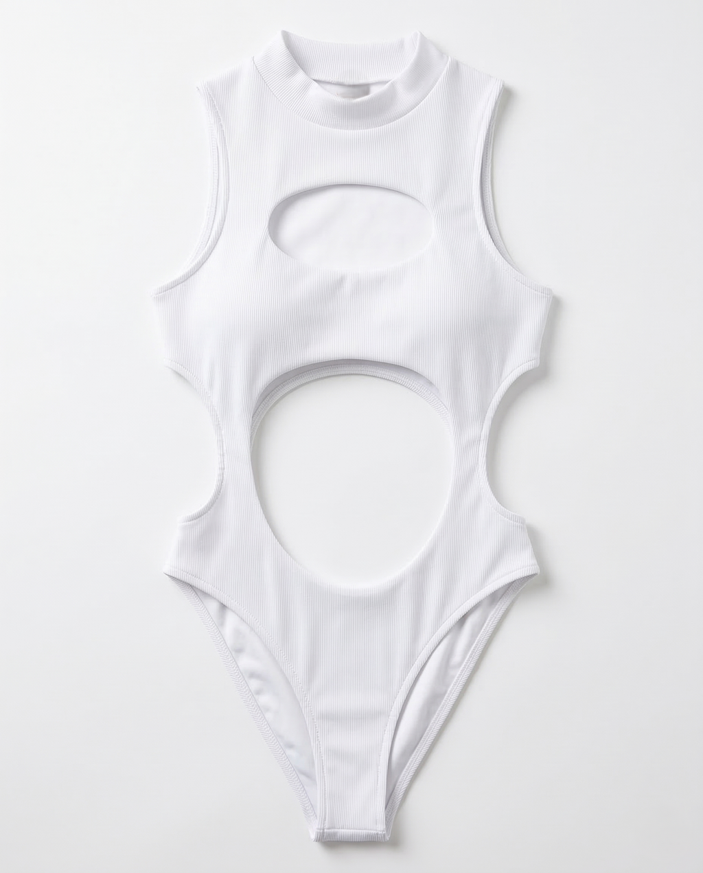 Black bandage one-piece swimsuit with hollow-out design on model at the beach