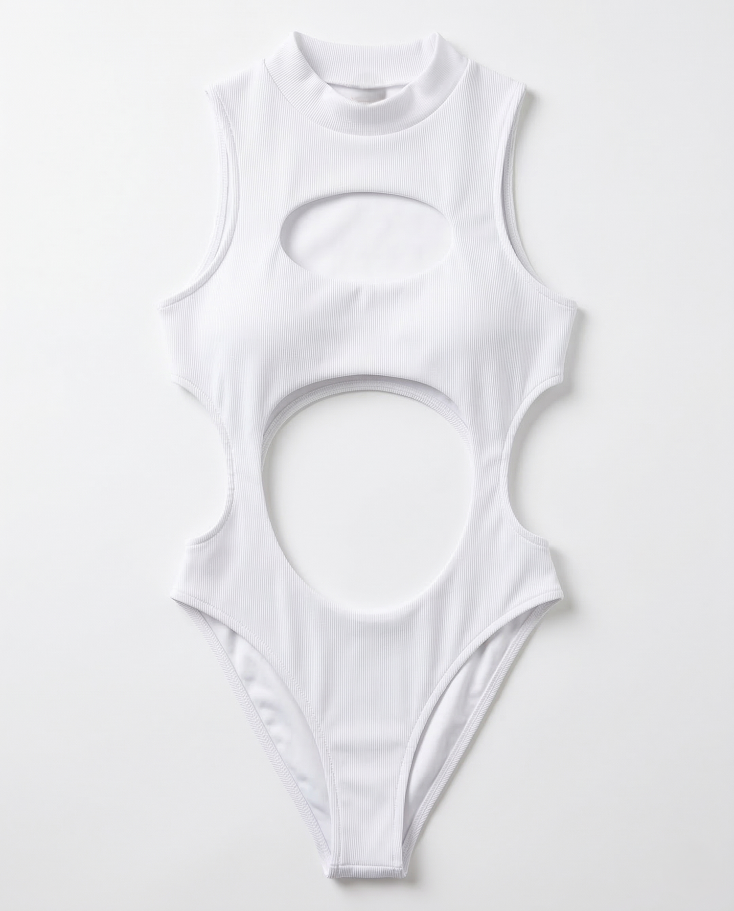 Black bandage one-piece swimsuit with hollow-out design on model at the beach