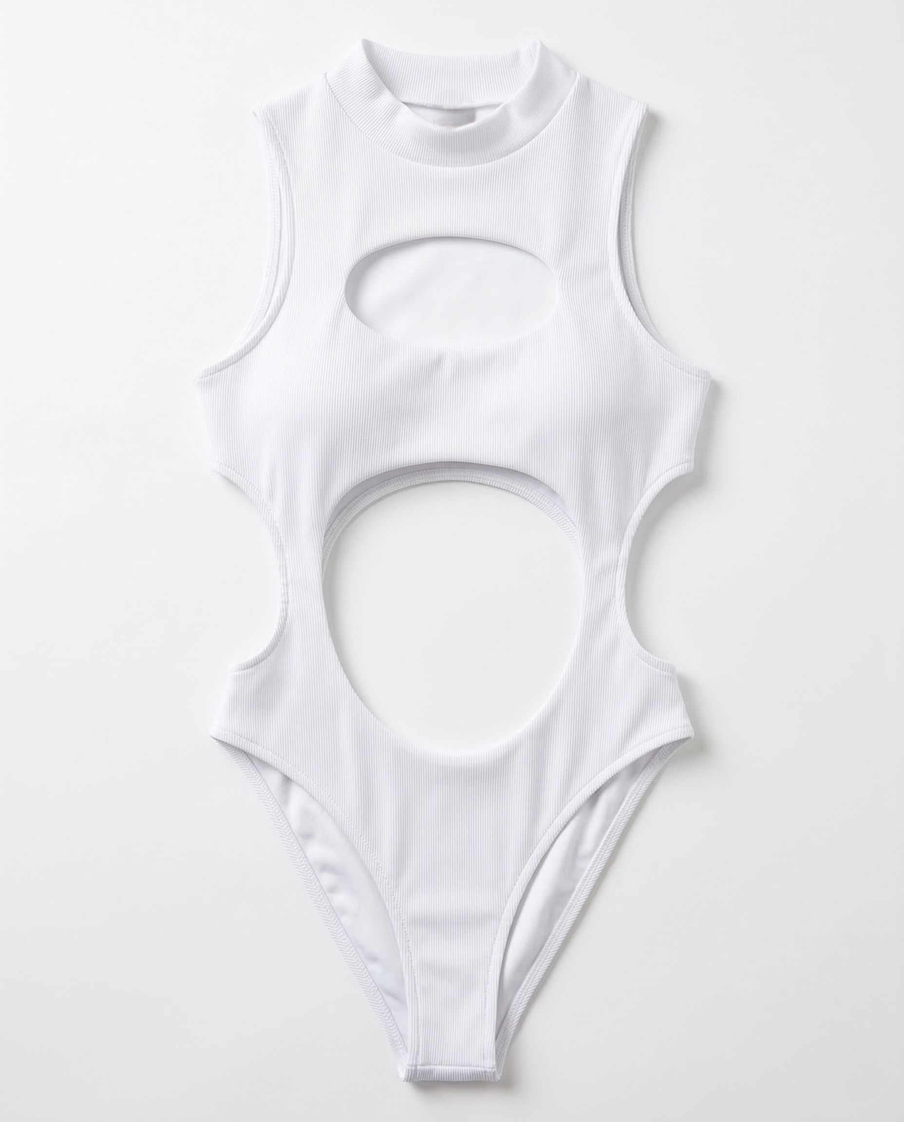 Black bandage one-piece swimsuit with hollow-out design on model at the beach