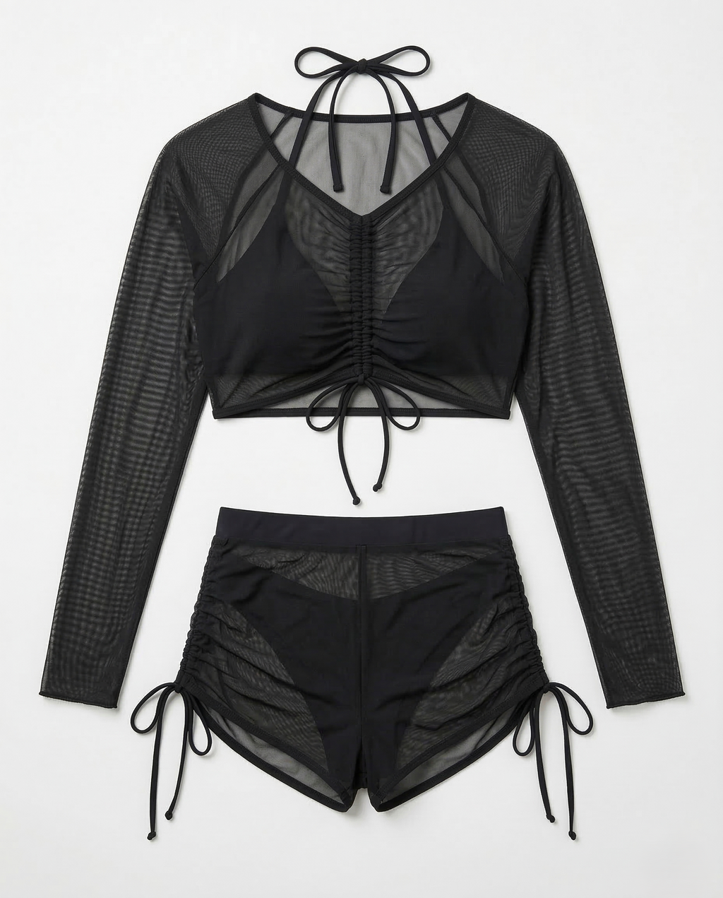 Black Mesh 4-Piece Bikini set with layered sheer mesh and long-sleeve cover layer for beachwear