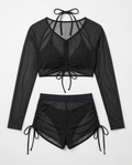 Black Mesh 4-Piece Bikini set with layered sheer mesh and long-sleeve cover layer for beachwear