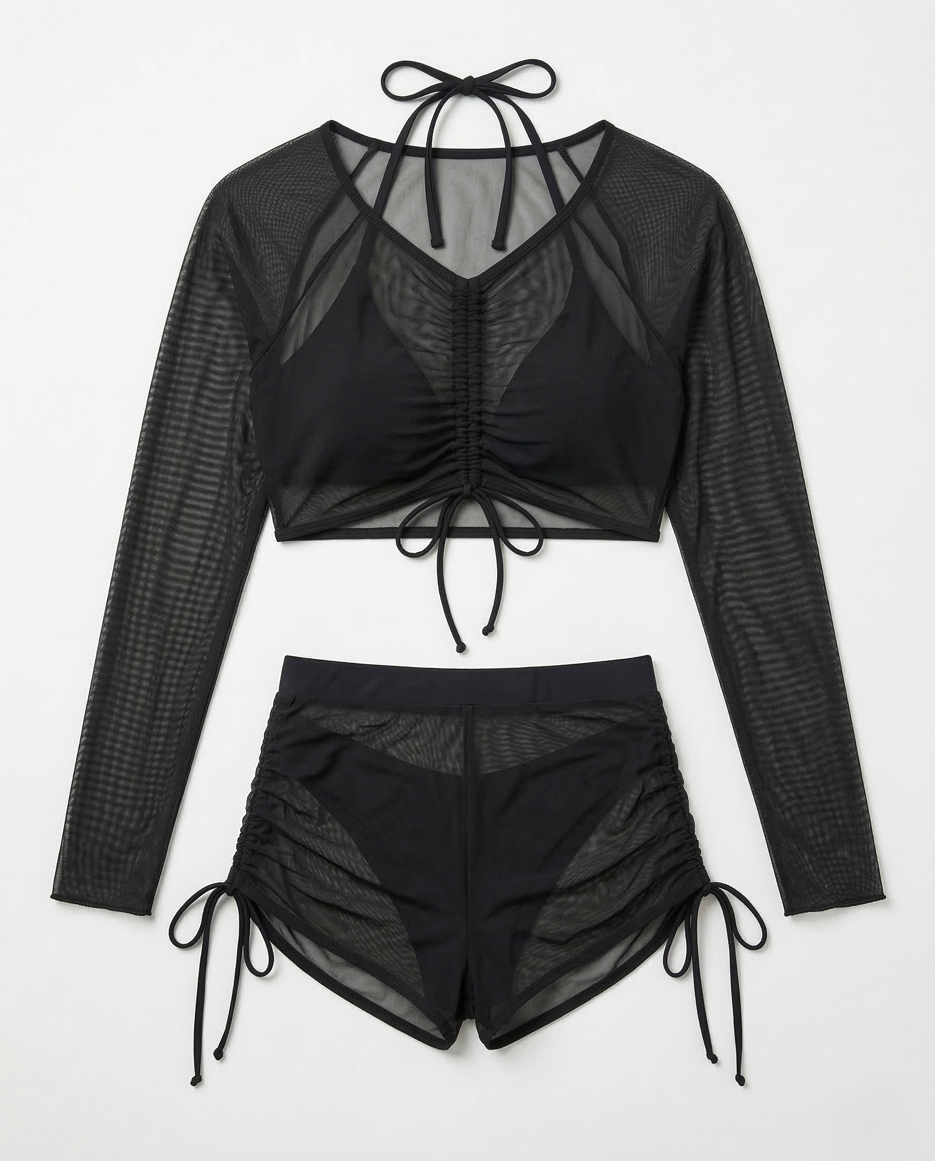 Black Mesh 4-Piece Bikini set with layered sheer mesh and long-sleeve cover layer for beachwear