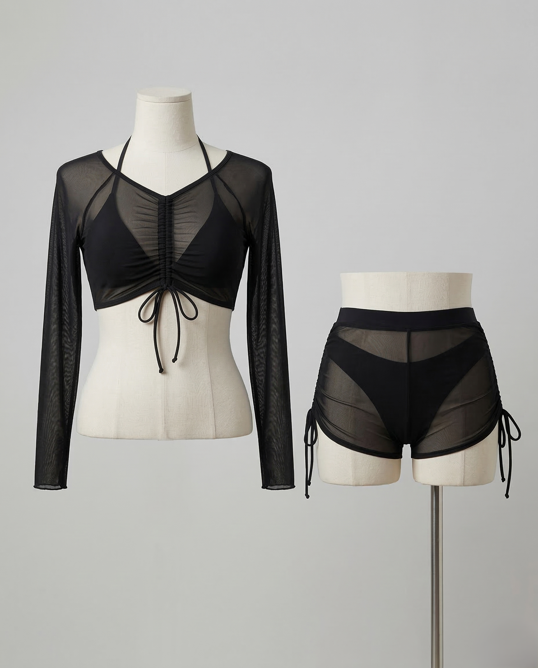 Black Mesh 4-Piece Bikini set with layered sheer mesh and long-sleeve cover