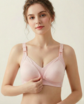 Breathable cotton maternity bra with gentle lift, seamless design, front nursing closure, and supportive U-back for comfort and stability.