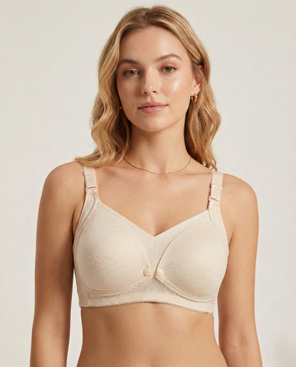 Breathable cotton maternity bra with seamless design, front-closure, and supportive U-back for gentle lift and comfort