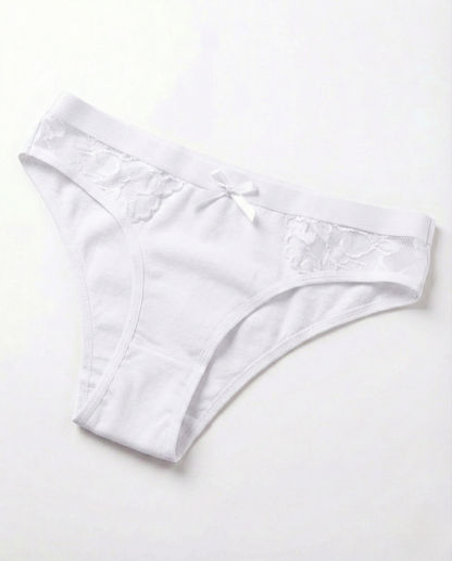 Close-up of low-rise cotton sexy panties with lace trim and mini bow, made from soft stretch cotton blend for natural comfort and flattering fit