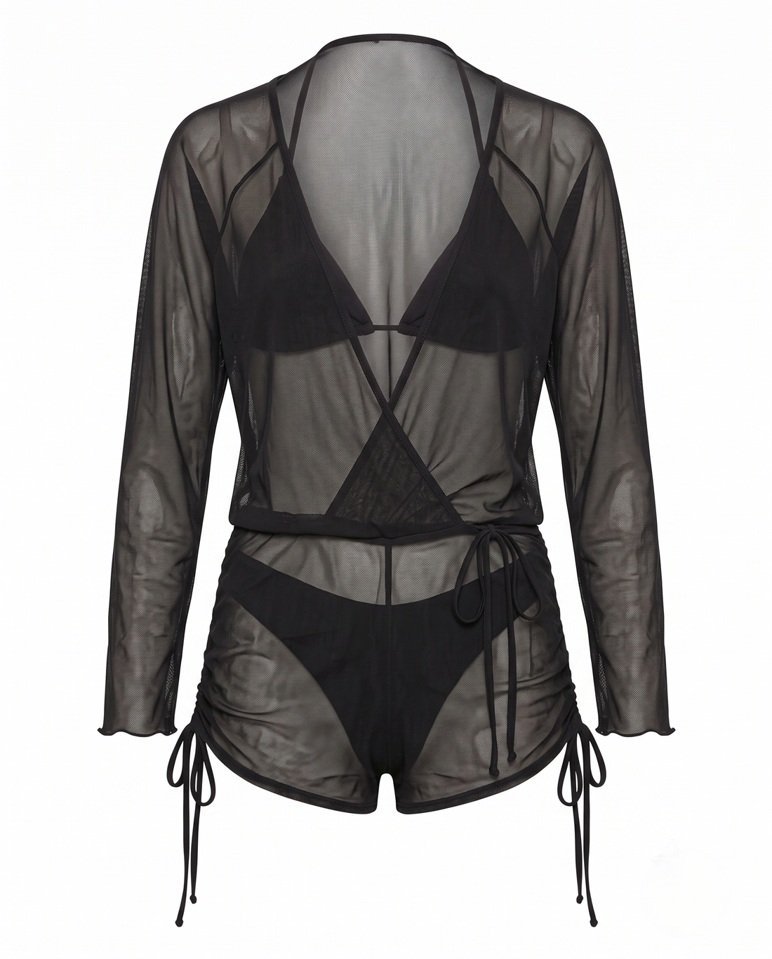 Black Mesh 4-Piece Bikini with sheer mesh layers and long-sleeve cover for bold and elegant swimwear look