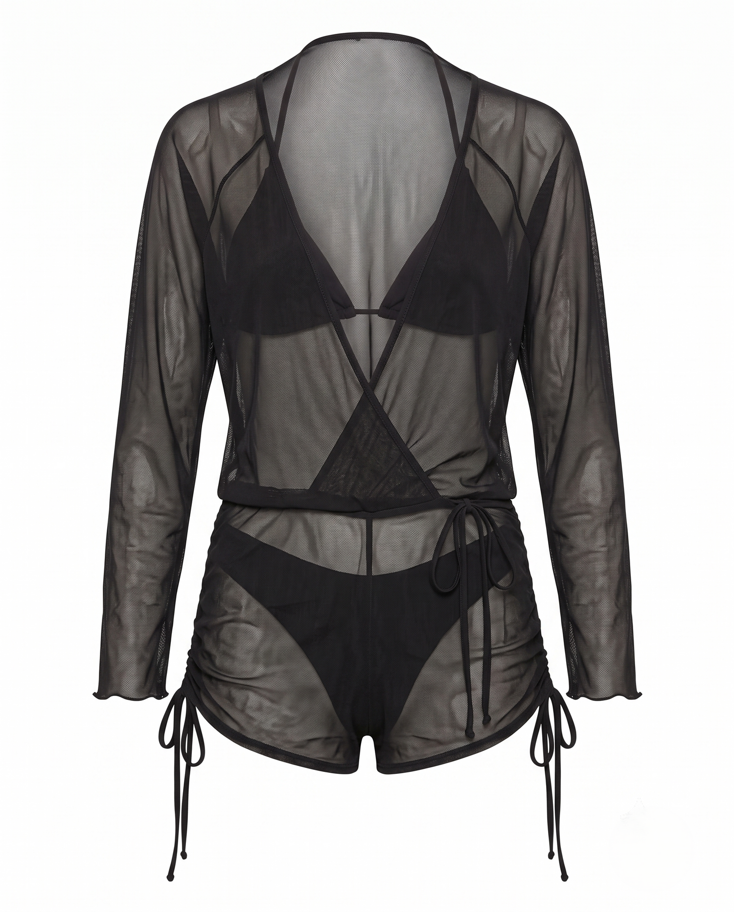 Black Mesh 4-Piece Bikini with sheer mesh layers and long-sleeve cover for bold and elegant swimwear look