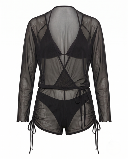 Black Mesh 4-Piece Bikini with sheer mesh layers and long-sleeve cover for bold and elegant swimwear look