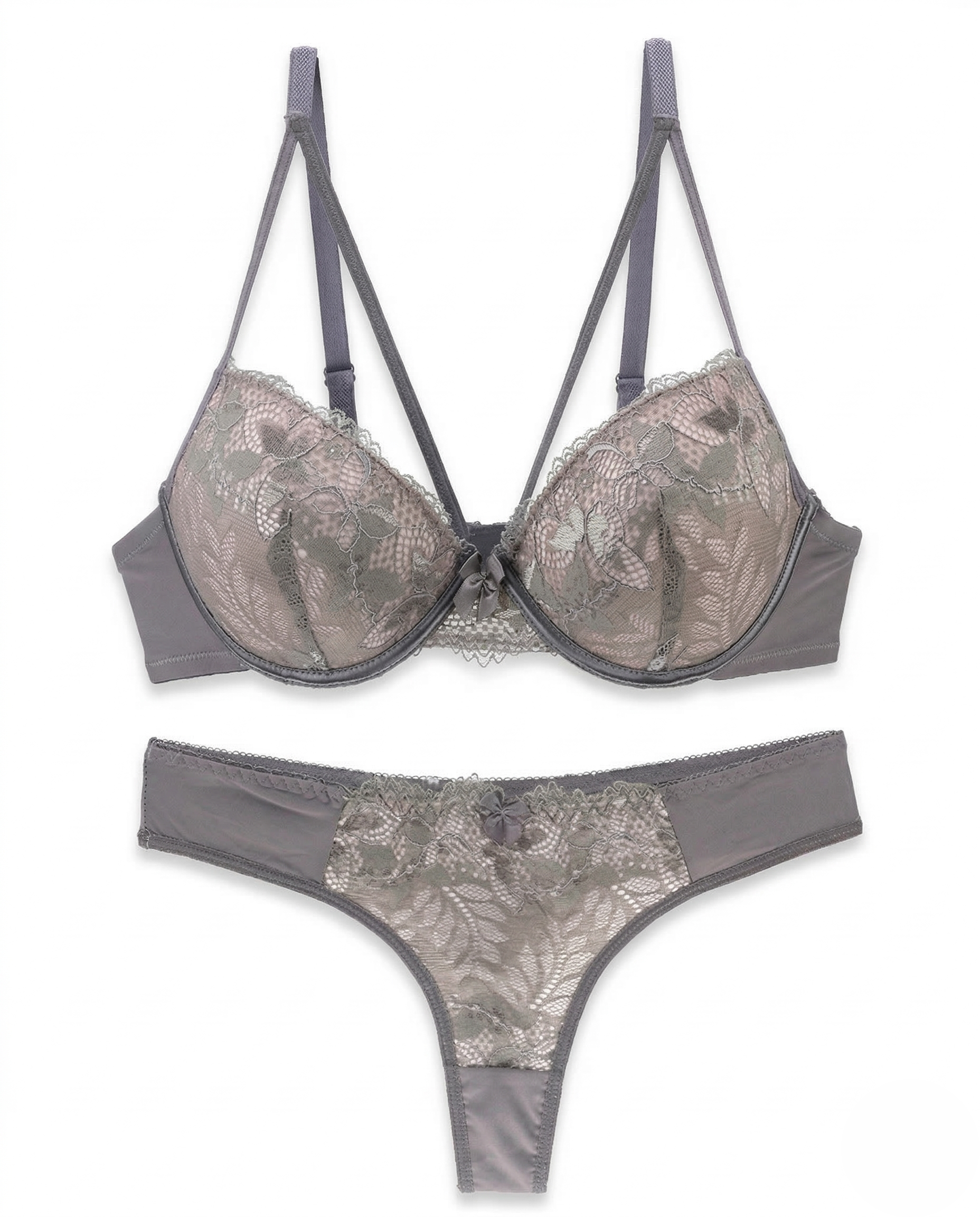 Black lace push-up bra set with delicate floral lace and matching panty, designed for natural shaping and lift.