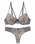 Black lace push-up bra set with delicate floral lace and matching panty, designed for natural shaping and lift.