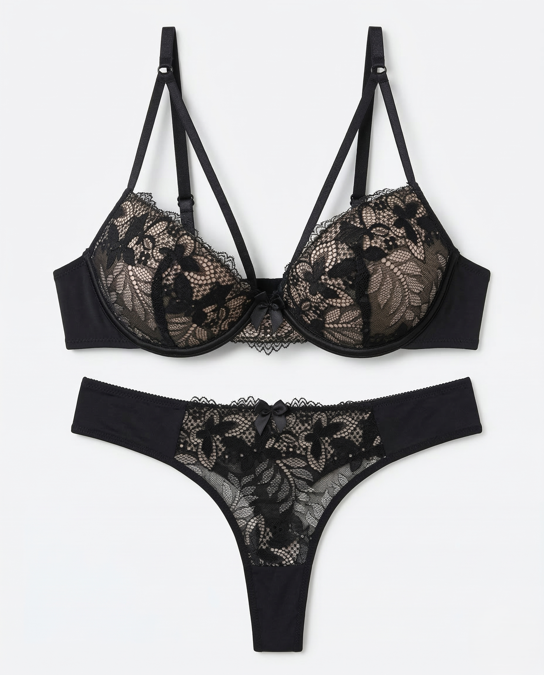 Elegant lace push-up bra set with cotton-lined cups and matching panty for enhanced curves and all-day comfort