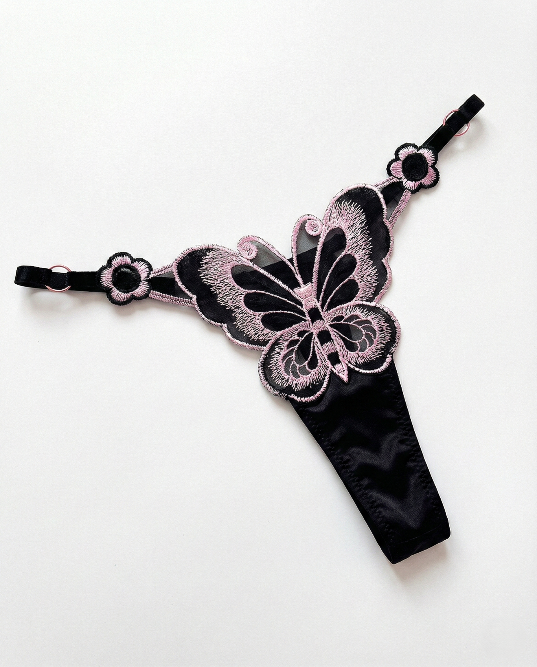 Minimal coverage lace sheer thong with embroidered pearl accents and smooth waistband