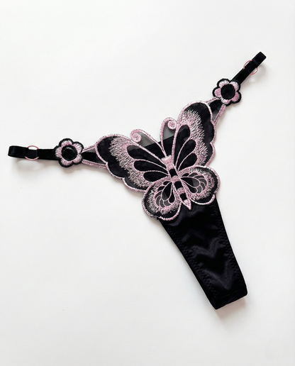 Minimal coverage lace sheer thong with embroidered pearl accents and smooth waistband