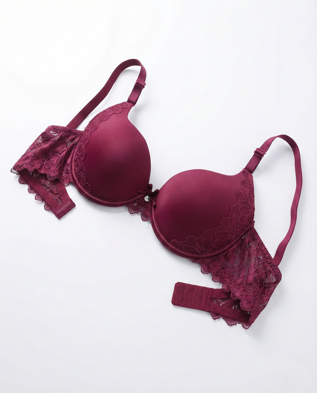 Luxe Lace Bow Bra in elegant lace with bow accent, wire-free, three-quarter cup, T-back style, and adjustable straps for comfortable, stylish wear