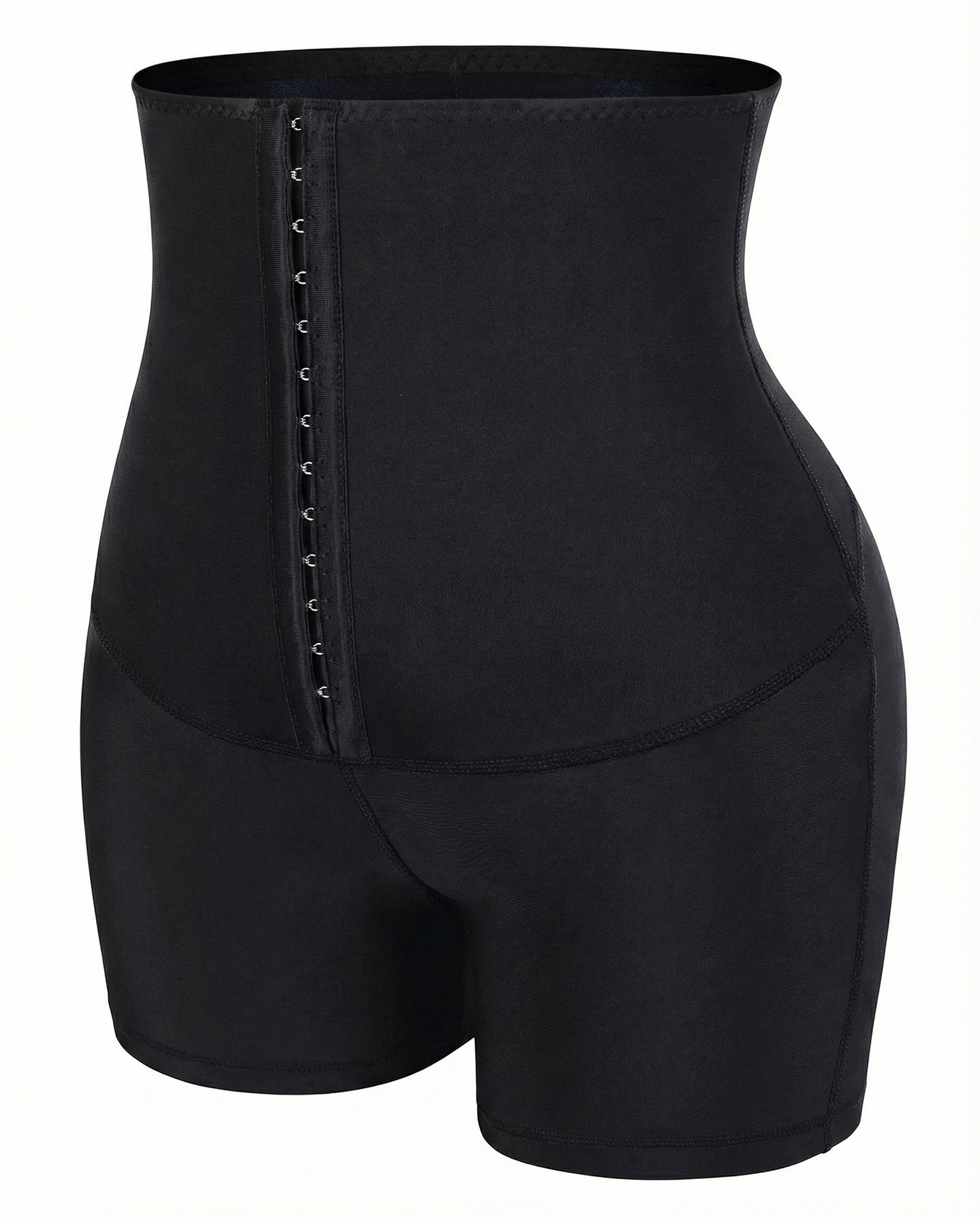 Pregnant woman wearing high-waisted maternity sauna shaping leggings with adjustable closure and mid-thigh length