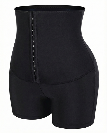 Pregnant woman wearing high-waisted maternity sauna shaping leggings with adjustable closure and mid-thigh length