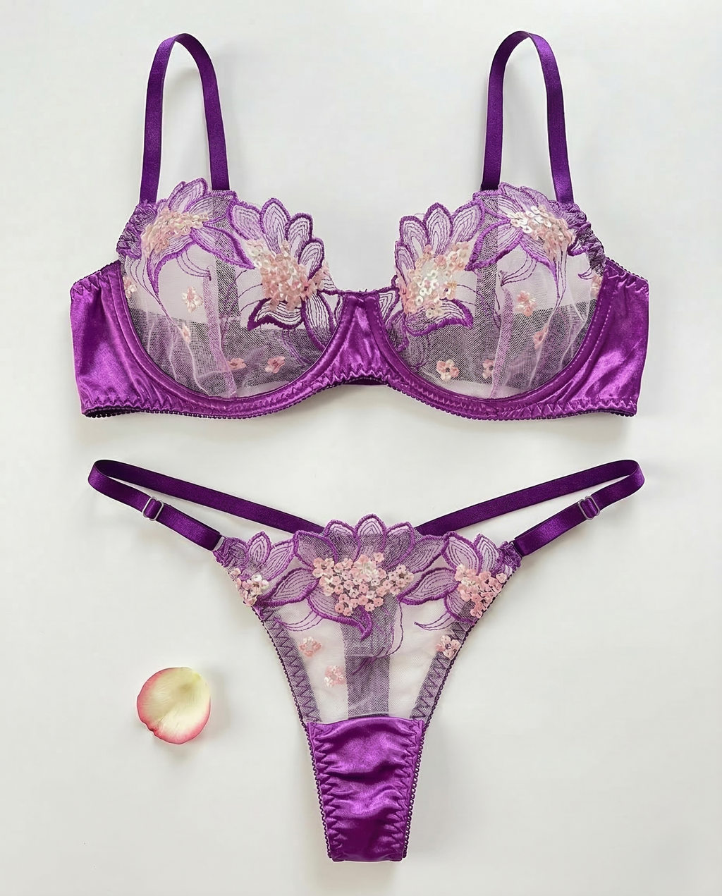 Purple embroidered ribbon lace bra and panty lingerie set with delicate mesh and underwire support