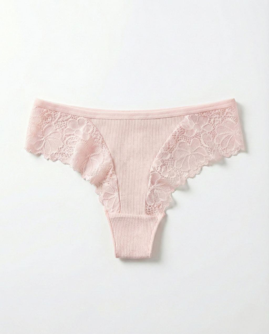 Women’s Romantic Lace Thong in lightweight breathable cotton blend with delicate lace trim and minimal back coverage.