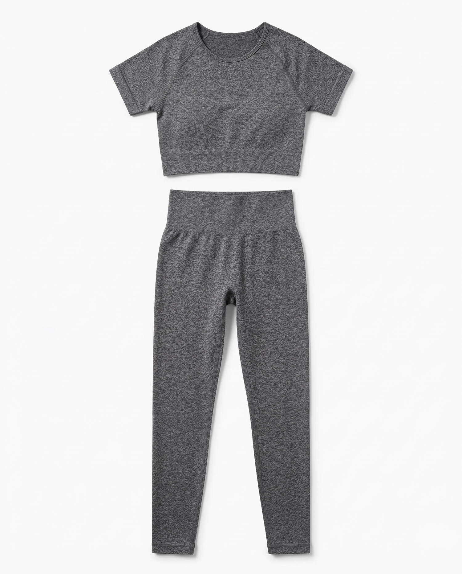 Woman wearing seamless fitness set with short-sleeve top and stretch pants in vibrant color