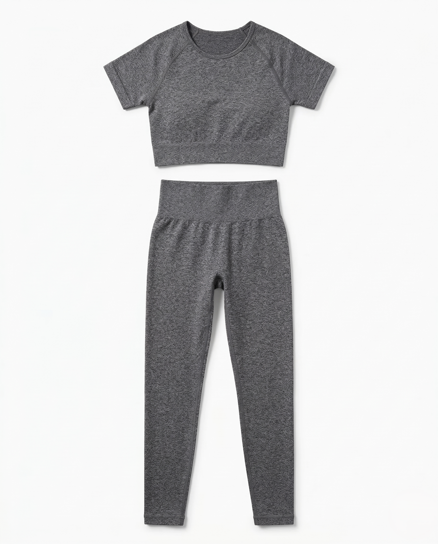Woman wearing seamless fitness set with short-sleeve top and stretch pants in vibrant color