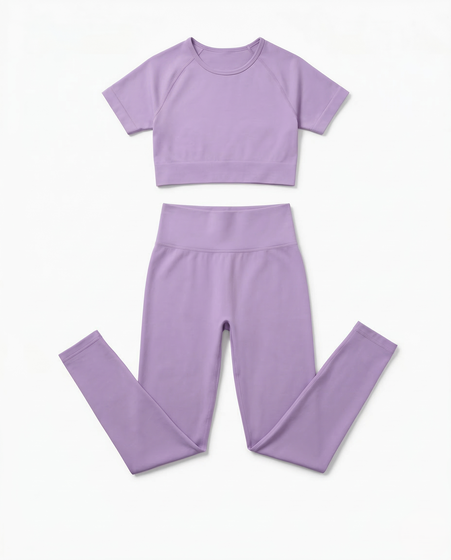 woman wearing seamless fitness set with short-sleeve top and stretch pants in vibrant color