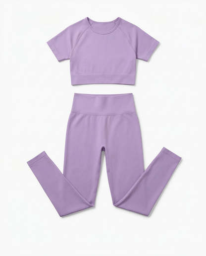 woman wearing seamless fitness set with short-sleeve top and stretch pants in vibrant color