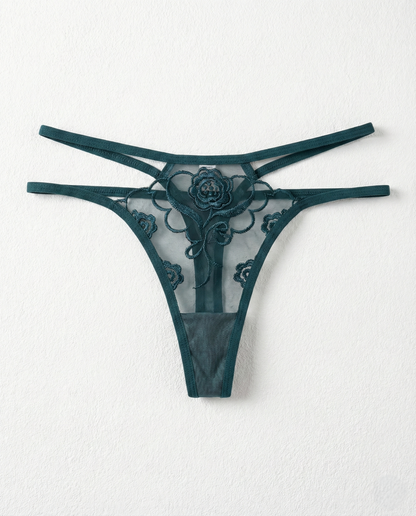 Sheer lace embroidered thong with delicate animal-inspired lace and sheer mesh, perfect for enhancing curves and seamless under clothing