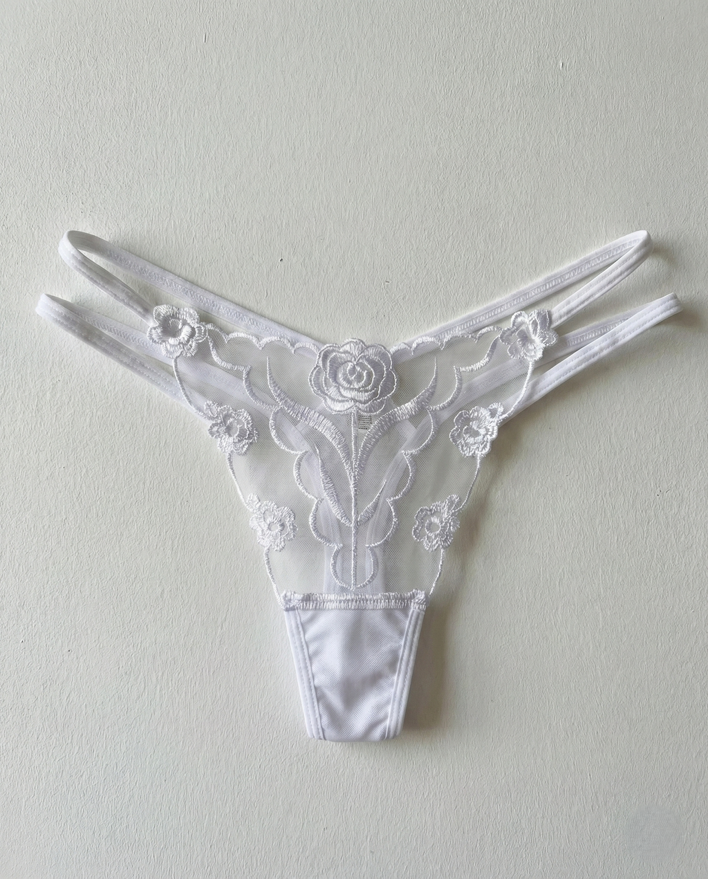 Sheer lace embroidered thong with delicate floral animal-inspired patterns and sheer mesh fabric enhancing curves