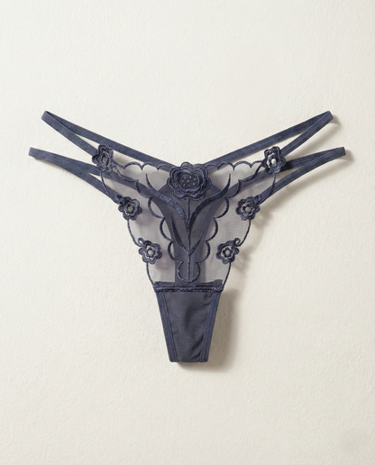 Sheer lace embroidered thong with delicate animal-inspired lace detailing and sheer mesh for perfect curves