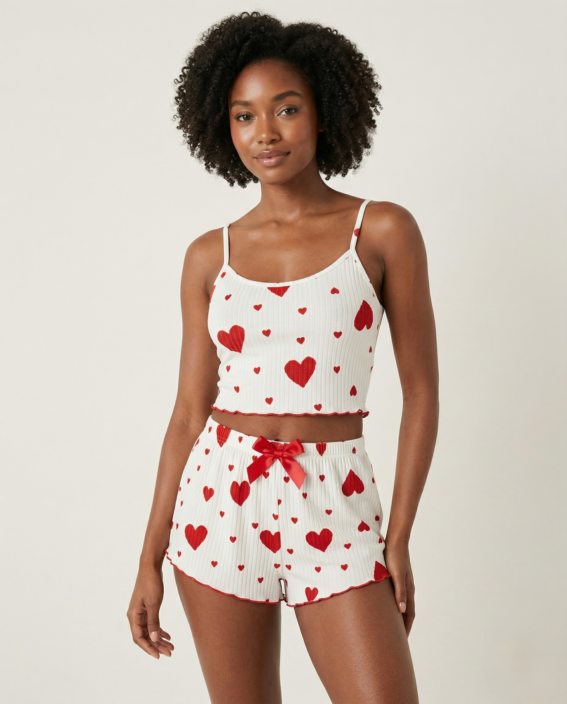 Silky camisole pajama set with halter neck and mid-rise shorts in soft jersey knit fabric