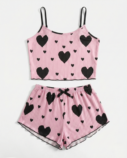 Silky camisole pajama set with halter neck and printed details in soft jersey knit fabric