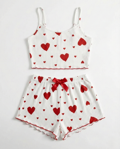 Silky camisole pajama set with halter neck and mid-rise shorts in soft jersey knit fabric