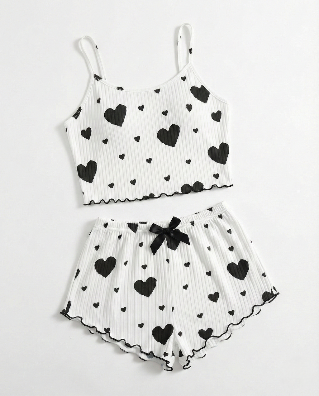 Silky camisole pajama set with halter neck and printed details, soft jersey knit fabric sleepwear for women