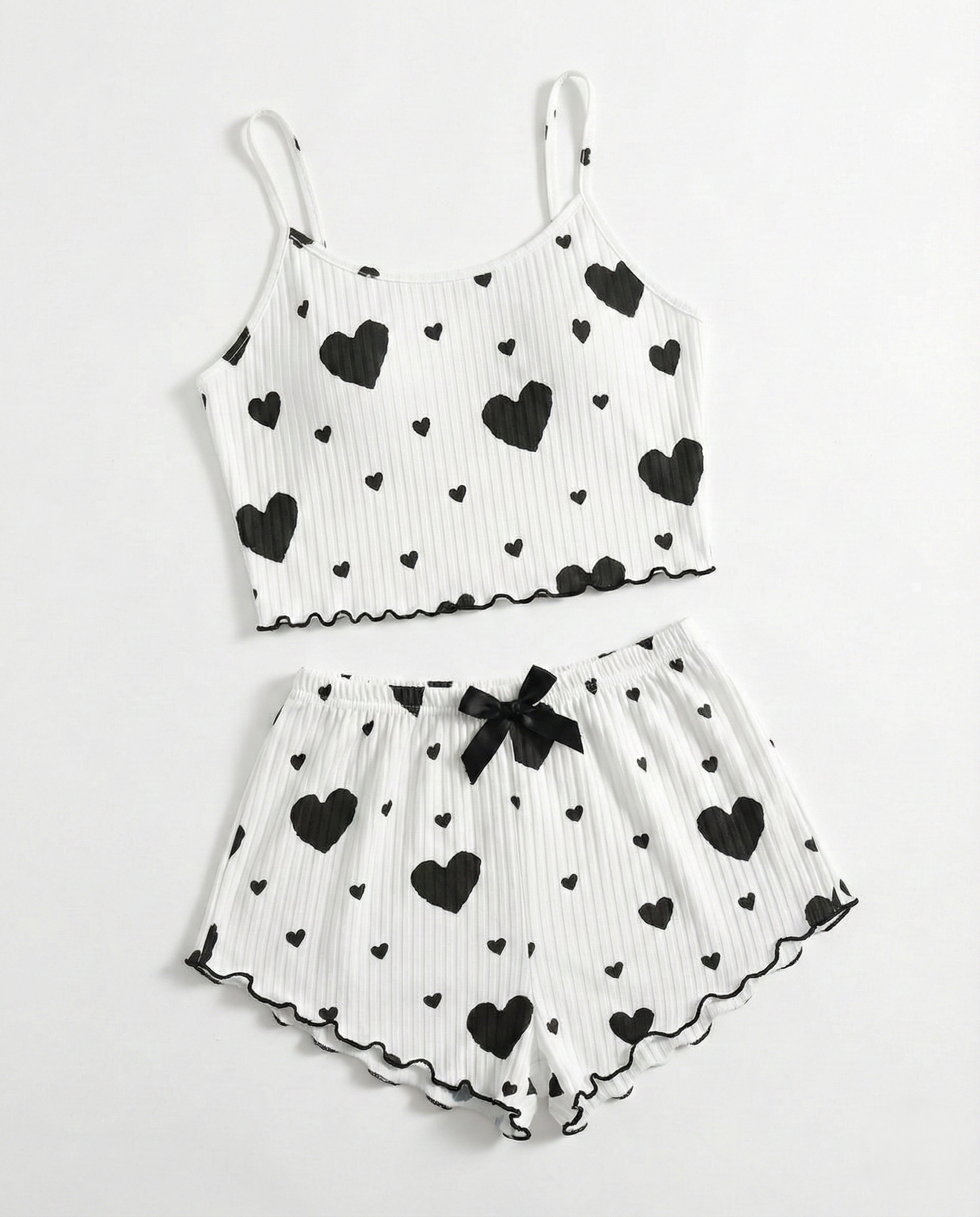 Silky camisole pajama set with halter neck and printed details, soft jersey knit fabric sleepwear for women