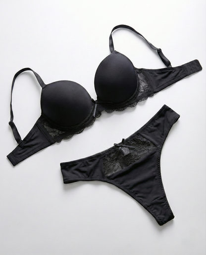 Silky seamless lingerie set with smooth fit, lace trim, adjustable strapless bra, and ultra-low rise bikini panties