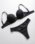 Silky seamless lingerie set with smooth fit, lace trim, adjustable strapless bra, and ultra-low rise bikini panties