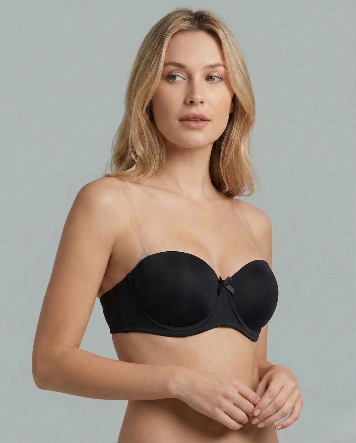 Strapless push-up bra providing bold lift and seamless support for bare shoulder and deep neckline styles