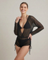 Black Mesh 4-Piece Bikini with long-sleeve mesh cover showcasing bold and elegant layered swimwear design